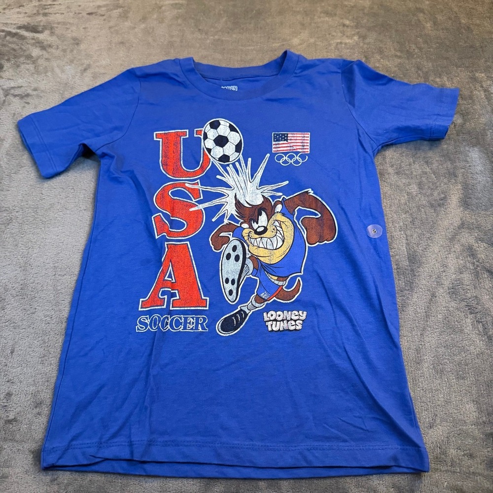 Looney Tunes Taz USA Soccer T Shirt Kids Small Blue Olympic Graphic Tee